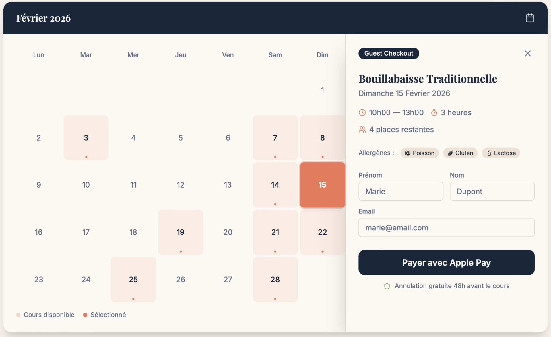 Nouvelle réservation Les Cordons Bleus : calendrier + volet latéral Guest Checkout Apple Pay.