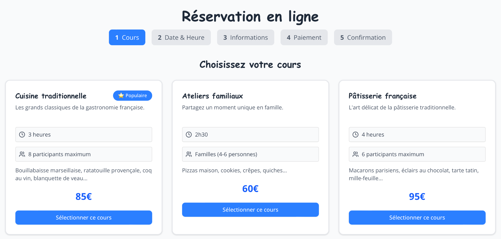 Ancienne réservation Les Cordons Bleus en 5 étapes, style générique bleu.